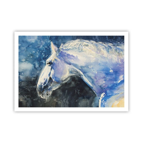 Poster - Ein Porträt eines Pferdes in Blautönen mit malerischem Aquarelleffekt. - 100x70cm - Porträt in blauem Glanz - Moderne Wanddekoration für Wohnzimmer und Schlafzimmer ARTTOR