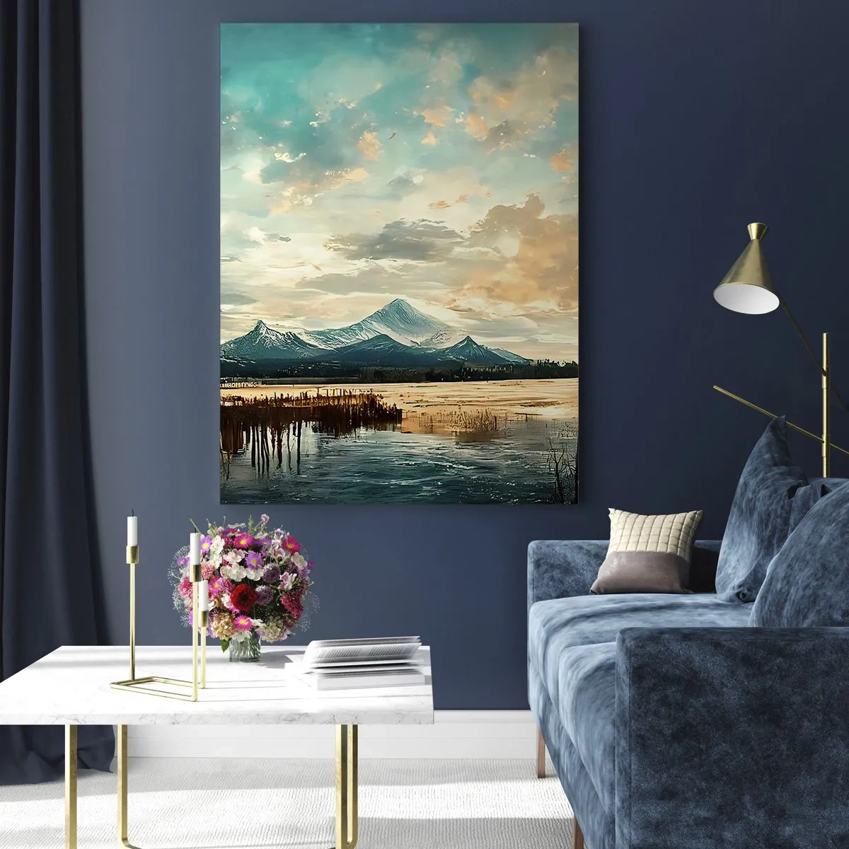 Glasbild - Bild auf glas - Eine malerische Landschaft mit einem Berg und einem ruhigen See - 70x100cm - Unter dem Schutz des Himmels - Moderne Wanddekoration für Wohnzimmer und Schlafzimmer ARTTOR