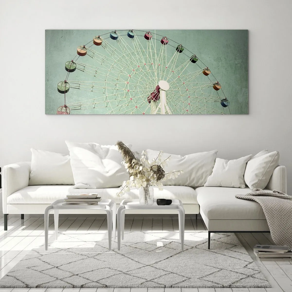 Glasbild - Bild auf glas - Ein buntes Riesenrad vor blauem Himmel im Retro-Stil - 160x50cm - Wir laden zum Spiel ein - Moderne Wanddekoration für Wohnzimmer und Schlafzimmer ARTTOR
