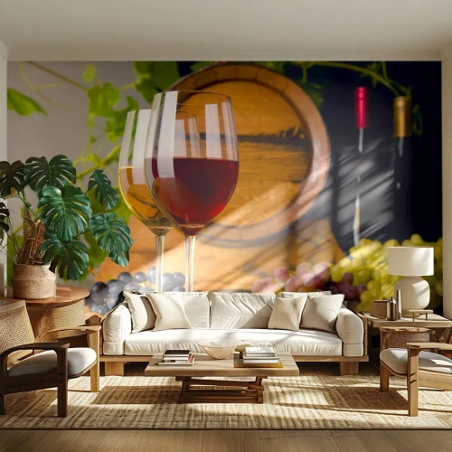 Selbstklebende Fototapete Deluxe Sticker - Wie die alten Meister - Weinfass, Traube, Ein Glas Wein - 350x256 cm