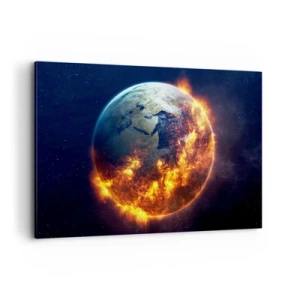 Bild auf Leinwand - Leinwandbild - Der Planet Erde brennt im Weltraum - 120x80cm - Die Flamme der Apokalypse - Moderne Wanddekoration für Wohnzimmer und Schlafzimmer ARTTOR