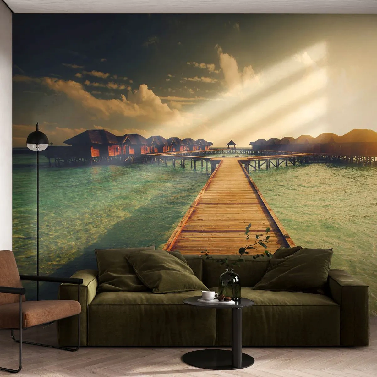 Selbstklebende Fototapete Deluxe Sticker - Eine herzliche Einladung - Malediven, Landschaft, Häuser am Wasser - 200x140 cm