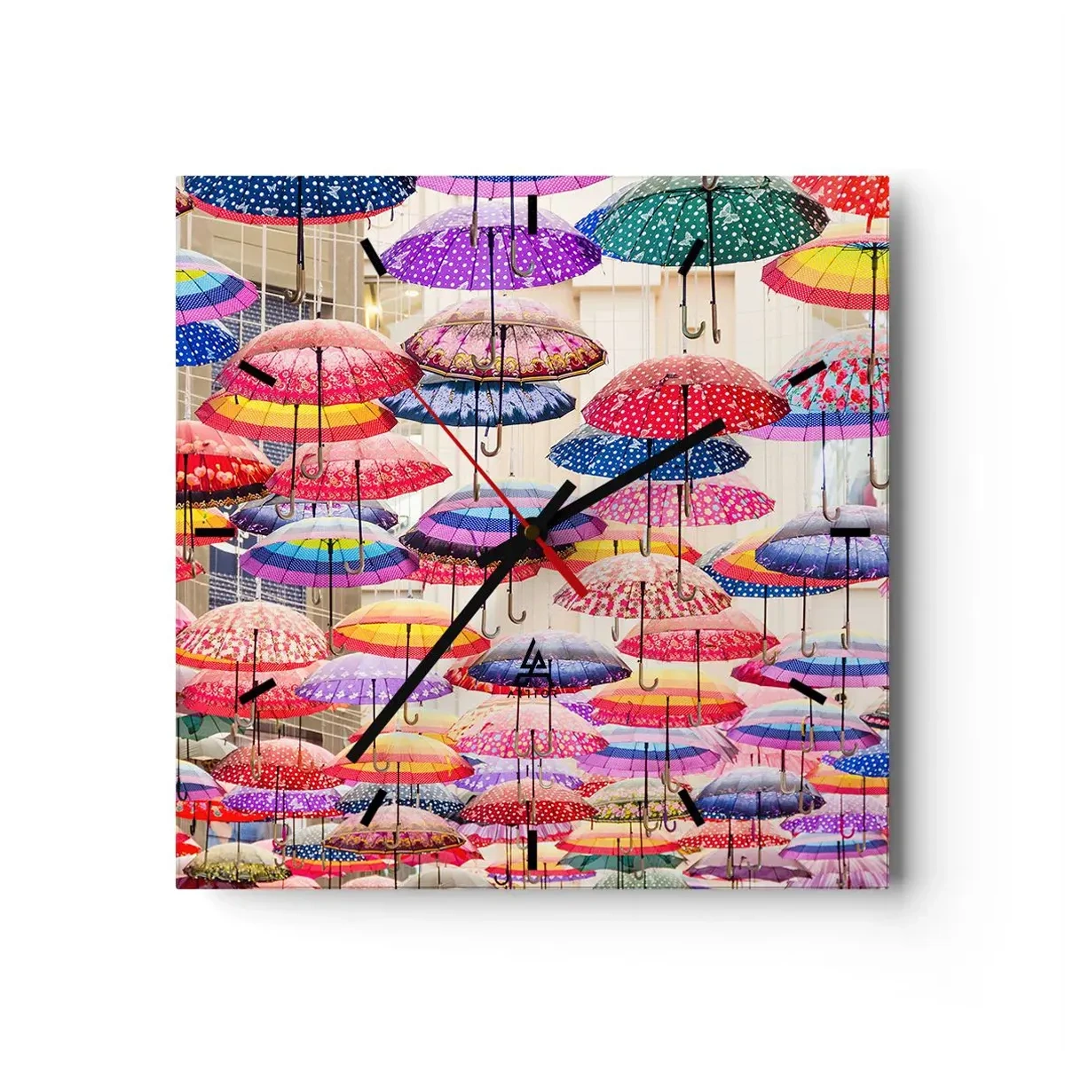 Wanduhr - Glasuhr - Bunte Regenschirme schweben in der Luft - 30x30cm - Stadtwiese - Moderne Wanddekoration für Wohnzimmer und Schlafzimmer ARTTOR