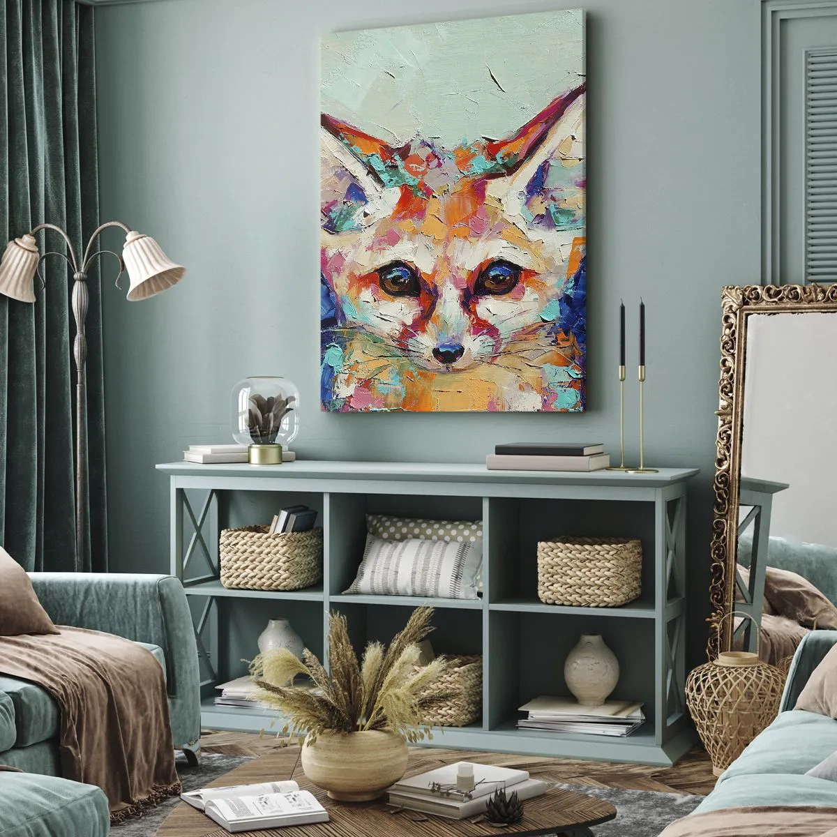 Bild auf Leinwand - Leinwandbild - Ein farbenfrohes Porträt eines Fenneks im Stil der expressiven Malerei. - 80x120cm - Bist du bereit für mich? - Moderne Wanddekoration für Wohnzimmer und Schlafzimmer ARTTOR