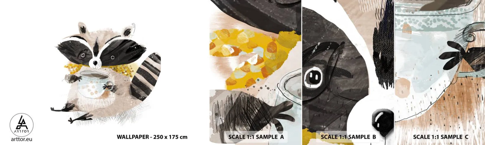 Fototapetenmuster Standard Eco - Mein Freund der Waschbär - Für Kinder, Waschbär, Grafik - 100x30 cm