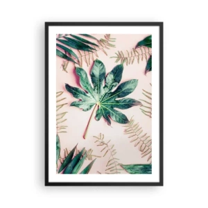 Poster in einem schwarzem Rahmen - Blätter in verschiedenen Grüntönen auf rosa Hintergrund - 50x70cm - Eine Studie von Grün auf einem rosa Hintergrund - Moderne Wanddekoration für Wohnzimmer und Schlafzimmer ARTTOR