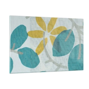 Glasbild - Bild auf glas - Eine Pflanzengrafik mit azurblauen Blättern und gelben Blüten - 120x80cm - Unter den azurblauen Blättern - Moderne Wanddekoration für Wohnzimmer und Schlafzimmer ARTTOR