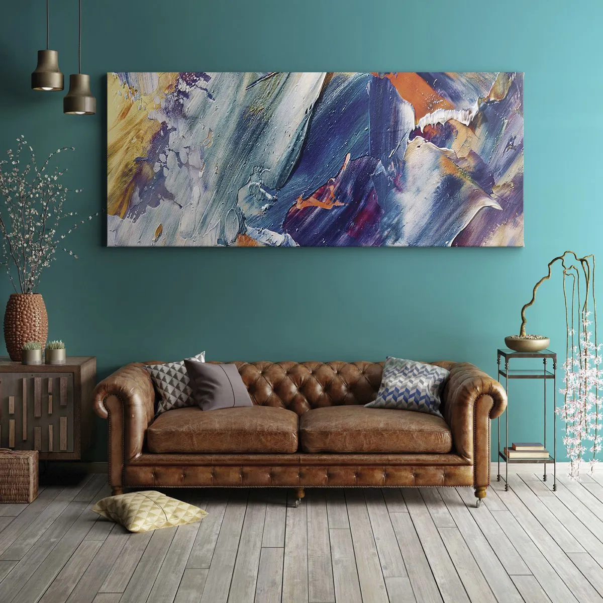 Bild auf Leinwand - Leinwandbild - Bunte Abstraktion mit Acrylfarbe Textur - 140x50cm - Farbverwirrung - Moderne Wanddekoration für Wohnzimmer und Schlafzimmer ARTTOR