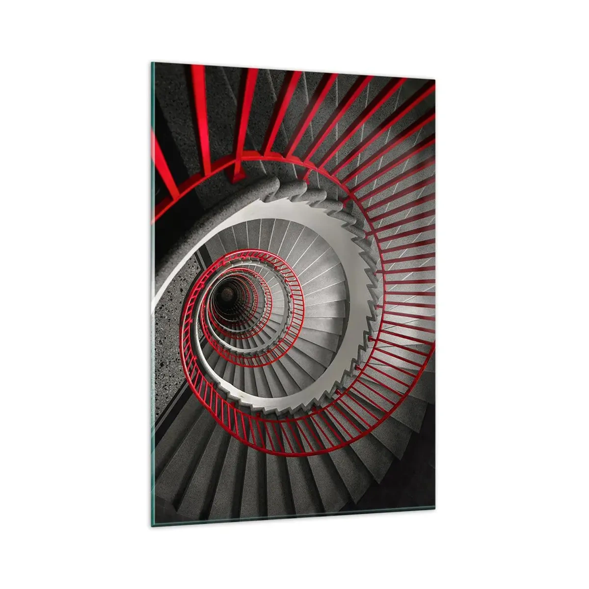 Glasbild - Bild auf glas - Wendeltreppe mit roten Handläufen in dynamischer Perspektive - 80x120cm - Architekturspaß - Moderne Wanddekoration für Wohnzimmer und Schlafzimmer ARTTOR