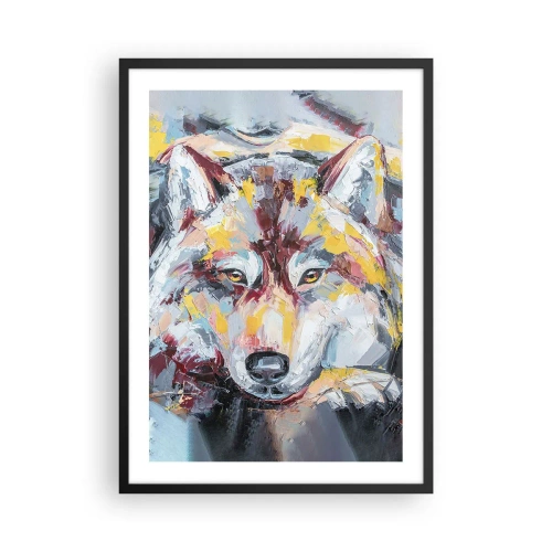 Poster in einem schwarzem Rahmen - Abstraktes Porträt eines Wolfes mit bunten Pinselstrichen. - 50x70cm - Seelenfrieden unter den Lieben - Moderne Wanddekoration für Wohnzimmer und Schlafzimmer ARTTOR