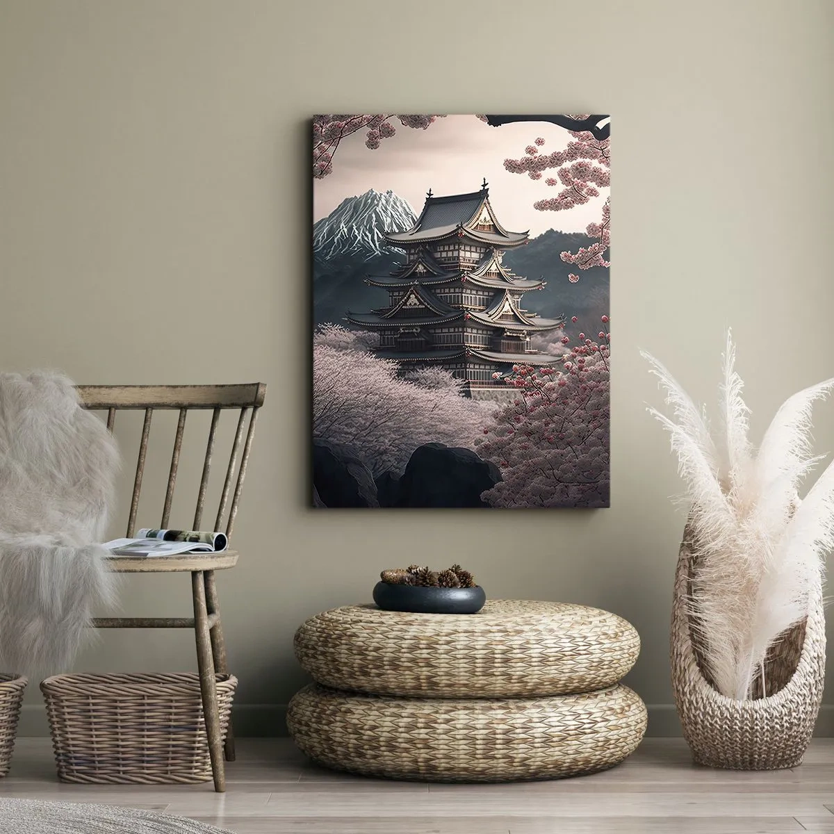 Bild auf Leinwand - Leinwandbild - Ein japanischer Tempel, umgeben von Kirschblüten und Bergen - 70x100cm - Land der Kirschblüten - Moderne Wanddekoration für Wohnzimmer und Schlafzimmer ARTTOR