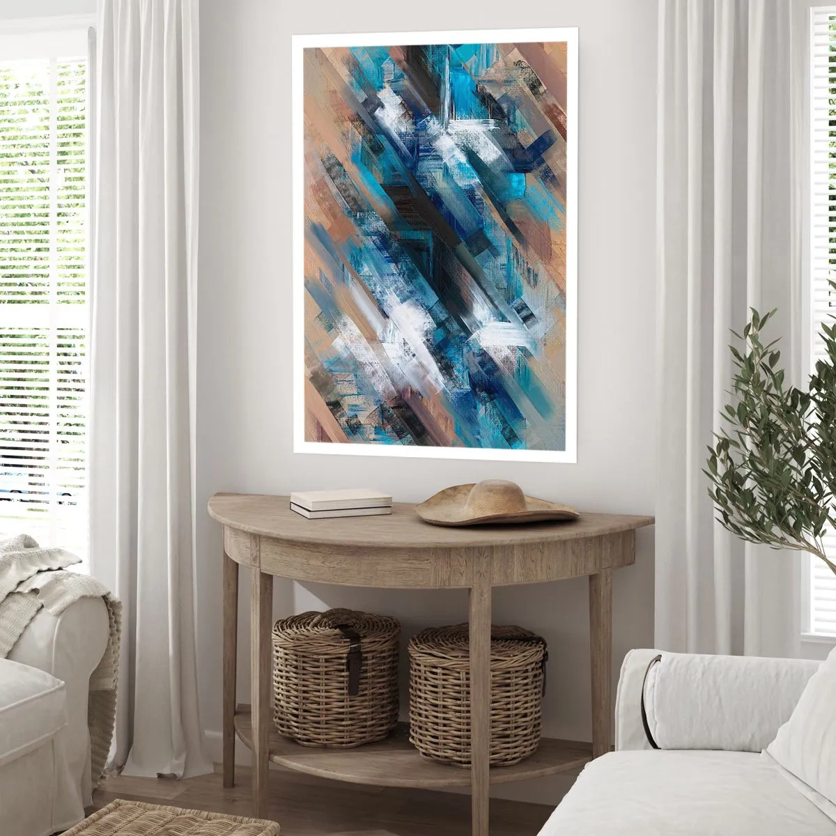 Poster - Eine abstrakte Komposition mit diagonalen Linien in Blautönen. - 50x70cm - Auf einer blauen Diagonale - Moderne Wanddekoration für Wohnzimmer und Schlafzimmer ARTTOR