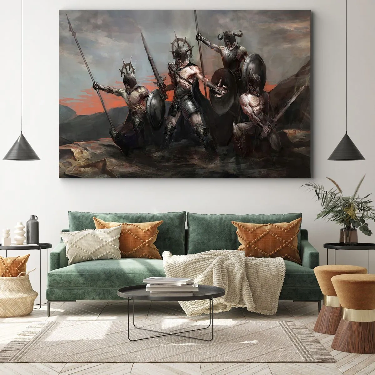 Bild auf Leinwand - Leinwandbild - Eine Gruppe von Kriegern in Rüstung mit Speeren vor dem Hintergrund des Sonnenuntergangs - 120x80cm - Mit oder auf einem Schild - Moderne Wanddekoration für Wohnzimmer und Schlafzimmer ARTTOR