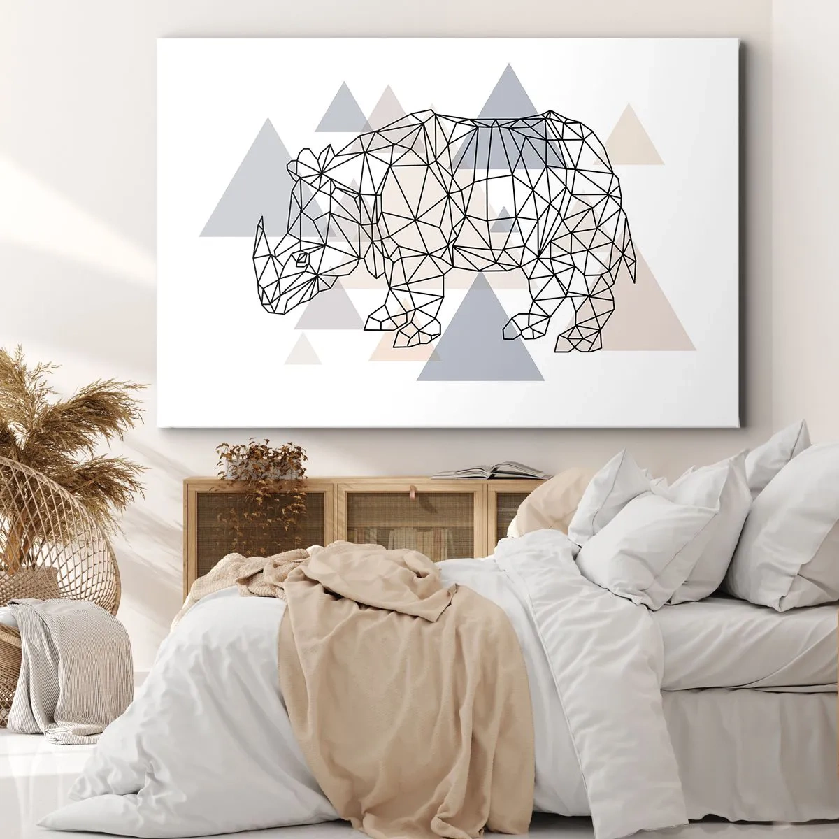 Bild auf Leinwand - Leinwandbild - Geometrisches Nashorn auf einem Hintergrund aus zarten Dreiecken - 120x80cm - Struktur der Stärke - Moderne Wanddekoration für Wohnzimmer und Schlafzimmer ARTTOR