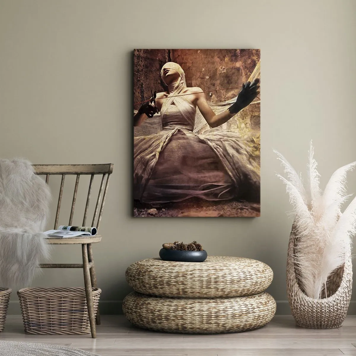 Bild auf Leinwand - Leinwandbild - Eine Frau in einem Kleid mit bedecktem Gesicht und einer Schere in den Händen - 50x70cm - Göttin des Schicksals - Moderne Wanddekoration für Wohnzimmer und Schlafzimmer ARTTOR