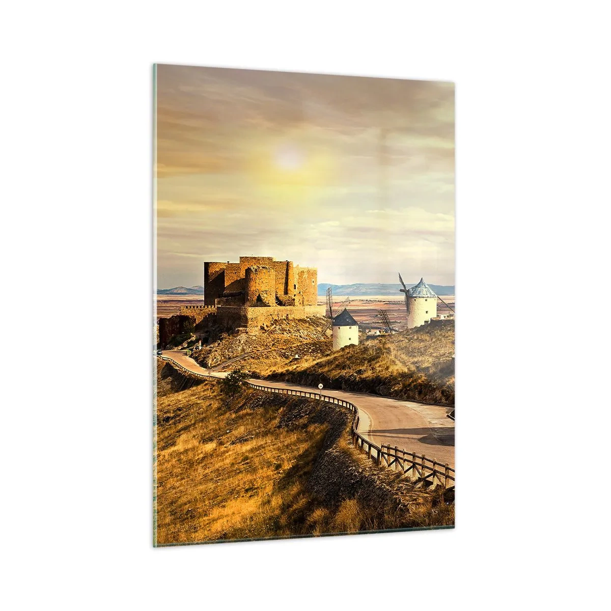 Glasbild - Bild auf glas - Windmühlen und eine Burg in der Landschaft bei Sonnenuntergang - 50x70cm - Don Quijote kommt gleich - Moderne Wanddekoration für Wohnzimmer und Schlafzimmer ARTTOR