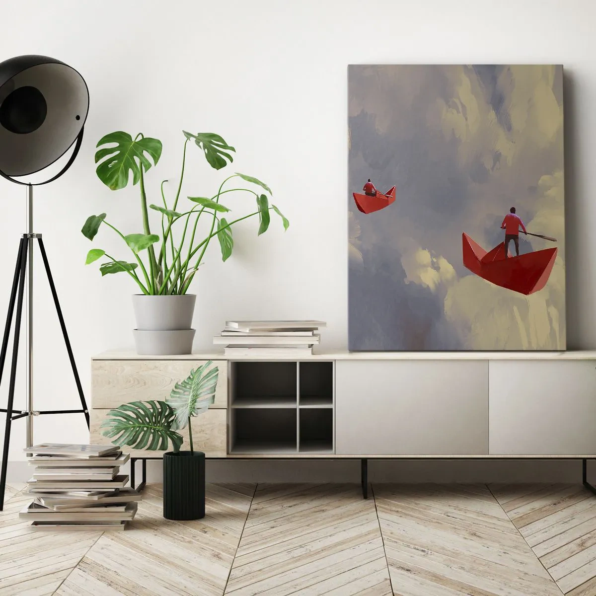 Bild auf Leinwand - Leinwandbild - Rote Papierboote schweben in den Wolken - 50x70cm - Expedition der Träumer - Moderne Wanddekoration für Wohnzimmer und Schlafzimmer ARTTOR