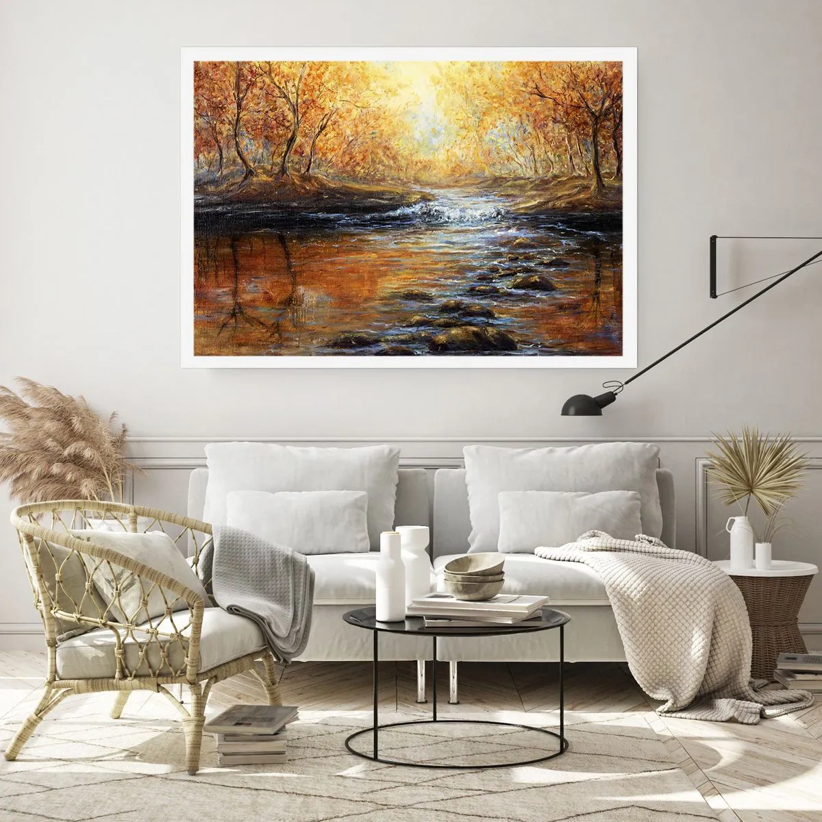 Poster - Herbstlandschaft mit einem Fluss zwischen den Bäumen - 100x70cm - Der goldene Strom - Moderne Wanddekoration für Wohnzimmer und Schlafzimmer ARTTOR