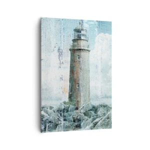 Bild auf Leinwand - Leinwandbild - Ein Leuchtturm an einer felsigen Küste in Pastellfarben - 70x100cm - Auf altem Holz - Moderne Wanddekoration für Wohnzimmer und Schlafzimmer ARTTOR
