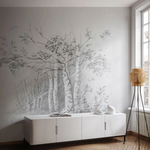 Fototapete Standard Eco - Bleistiftskizze von Birken im Wald - 100x70cm - Das Licht des Birkenwaldes - Moderne Wanddekoration für Wohnzimmer und Schlafzimmer ARTTOR