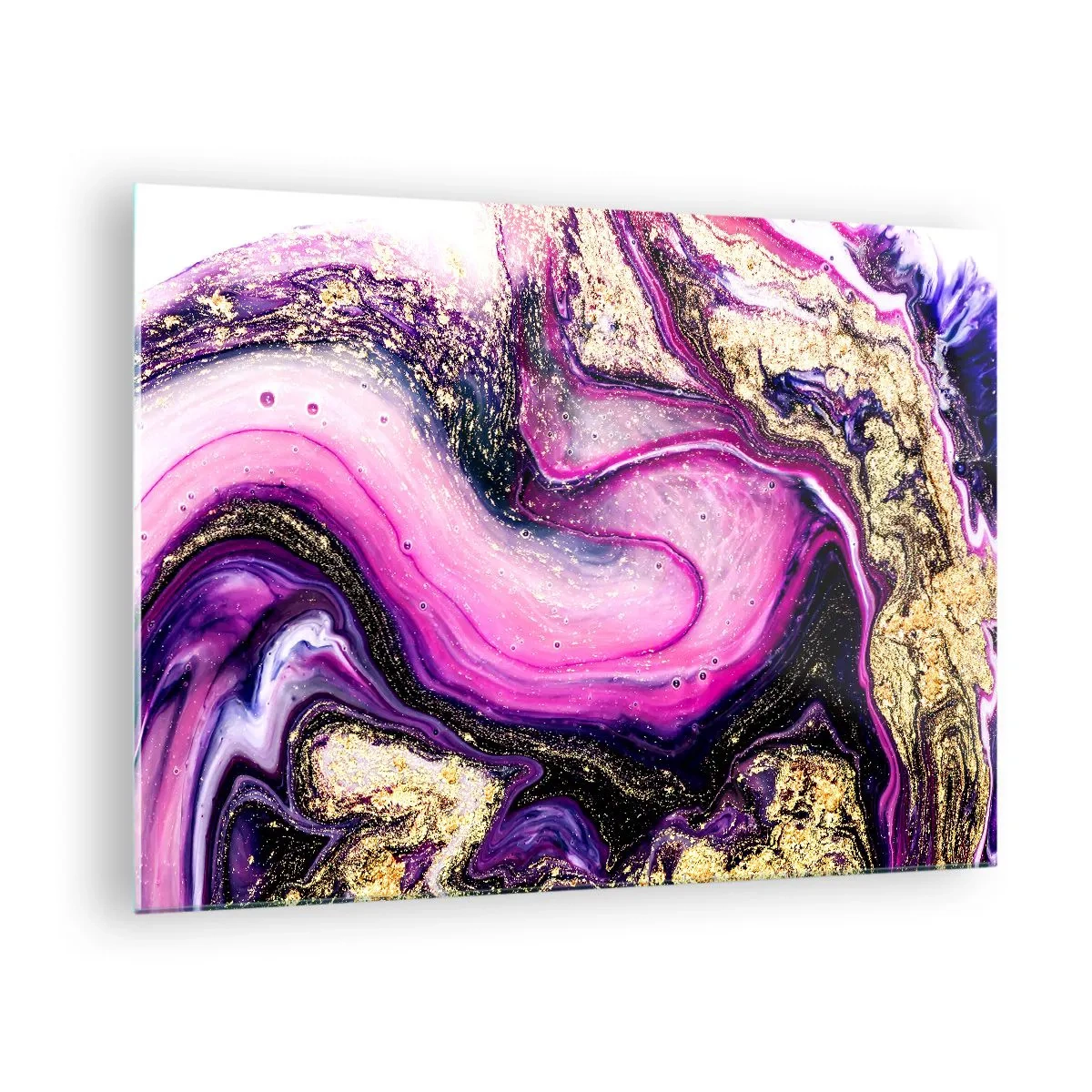 Glasbild - Bild auf glas - Eine abstrakte Komposition in Lila- und Goldtönen. - 70x50cm - Ein Moment hinter den Kulissen - Moderne Wanddekoration für Wohnzimmer und Schlafzimmer ARTTOR