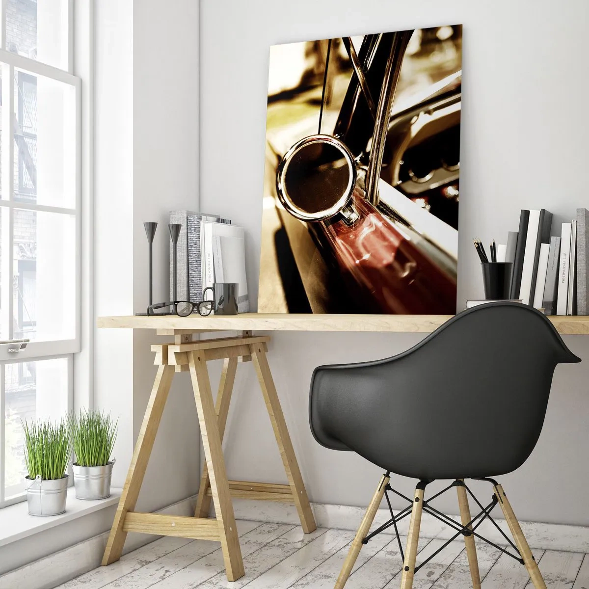 Glasbild - Bild auf glas - Nahaufnahme des Spiegels und des Innenraums eines klassischen Retro-Autos - 70x100cm - Ein Auto mit Seele - Moderne Wanddekoration für Wohnzimmer und Schlafzimmer ARTTOR
