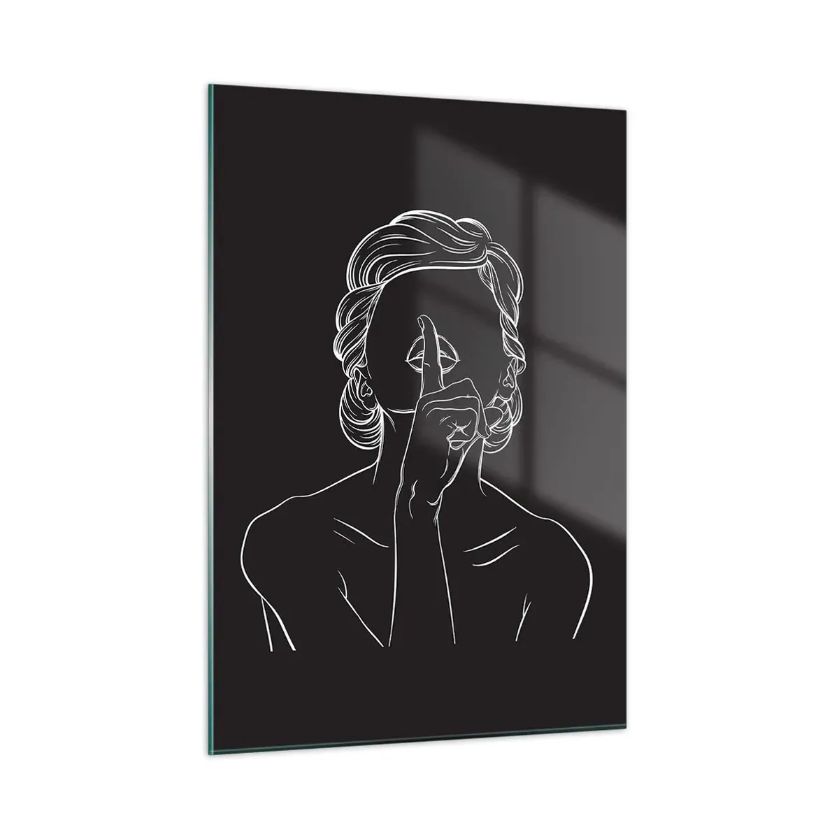 Glasbild - Bild auf glas - Eine minimalistische Silhouette einer Frau, die eine Geste des Schweigens macht. - 50x70cm - Schönheit erblüht in der Stille - Moderne Wanddekoration für Wohnzimmer und Schlafzimmer ARTTOR