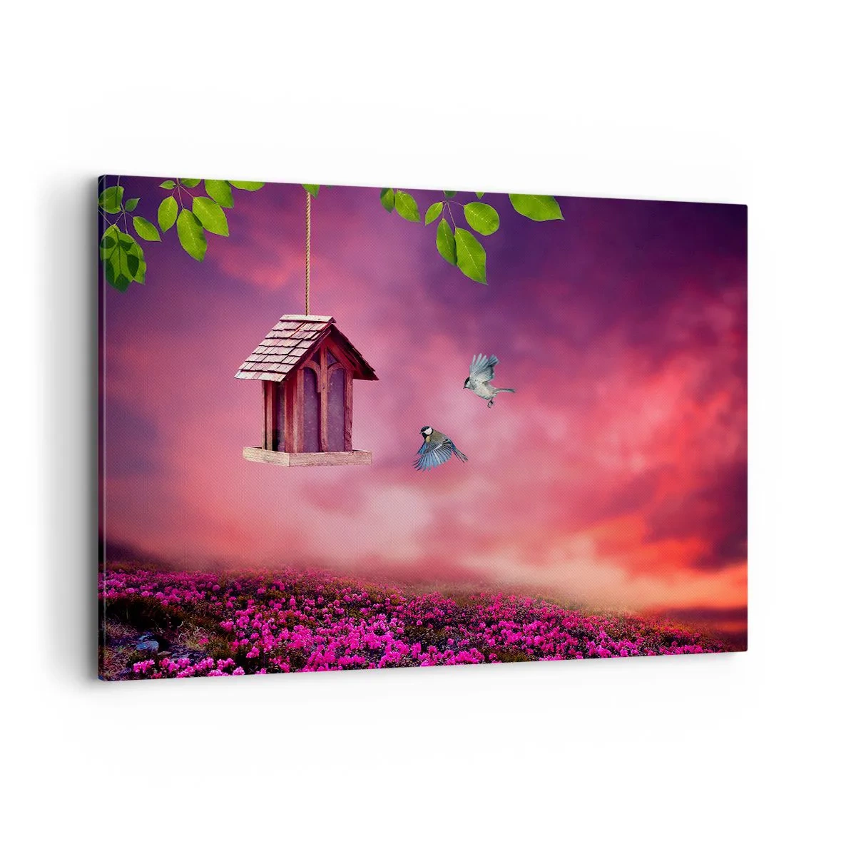 Bild auf Leinwand - Leinwandbild - Eine malerische Landschaft mit einem Vogelhaus und einem Sonnenuntergang - 120x80cm - Einladung zum Abendessen - Moderne Wanddekoration für Wohnzimmer und Schlafzimmer ARTTOR
