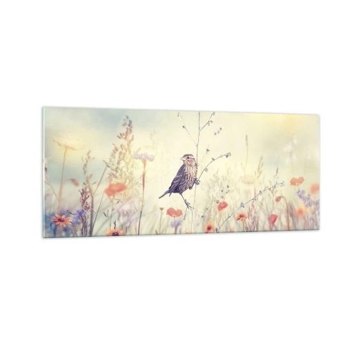 Glasbild - Bild auf glas - Vogelporträt mit einer Wiese im Hintergrund - 100x40 cm