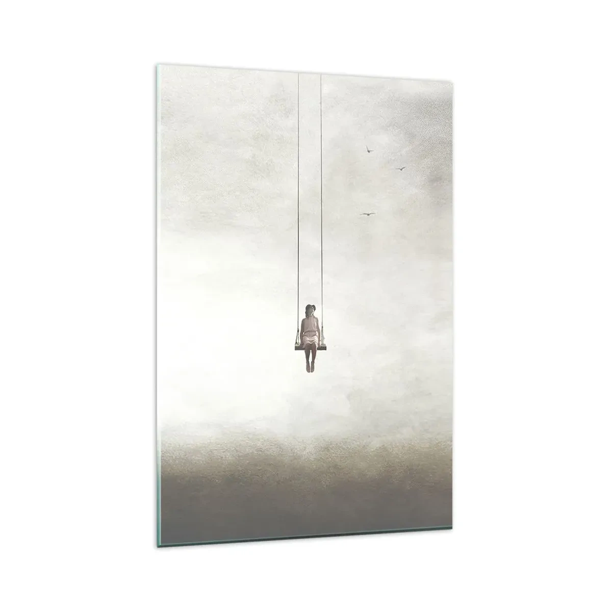 Glasbild - Bild auf glas - Eine Figur auf einer Schaukel, die im Raum schwebt - 80x120cm - Ein Kind in uns - Moderne Wanddekoration für Wohnzimmer und Schlafzimmer ARTTOR