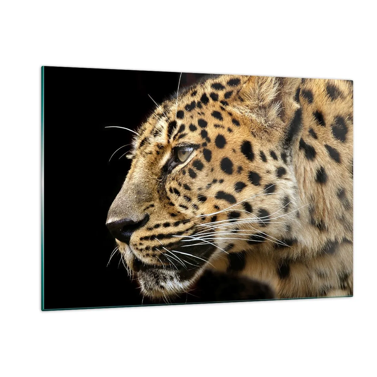 Glasbild - Bild auf glas - Profil eines Leoparden auf schwarzem Hintergrund - 120x80cm - Ruhig, fokussiert, bereit - Moderne Wanddekoration für Wohnzimmer und Schlafzimmer ARTTOR