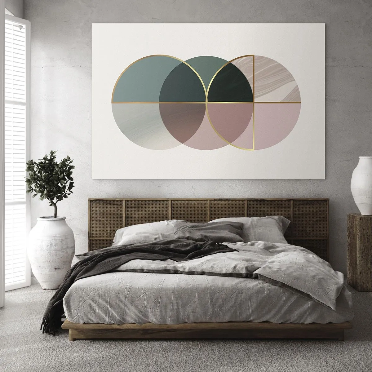 Glasbild - Bild auf glas - Geometrische Formen in Grün- und Rosatönen auf hellem Hintergrund - 120x80cm - Ein Rad hinter dem anderen… - Moderne Wanddekoration für Wohnzimmer und Schlafzimmer ARTTOR