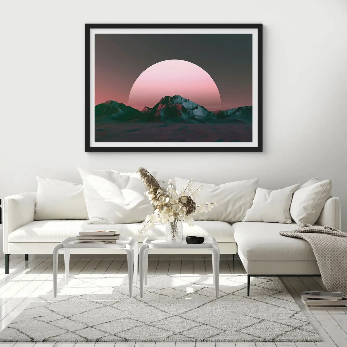 Poster in einem schwarzem Rahmen - Geometrische Berge mit der untergehenden Sonne im Hintergrund - 100x70cm - In einer Nachbargalaxie - Moderne Wanddekoration für Wohnzimmer und Schlafzimmer ARTTOR