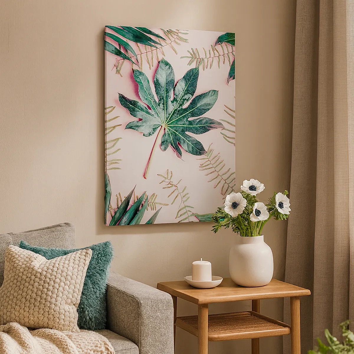 Bild auf Leinwand - Leinwandbild - Tropische Blätter auf hellem Pastellhintergrund - 50x70cm - Eine Studie von Grün auf einem rosa Hintergrund - Moderne Wanddekoration für Wohnzimmer und Schlafzimmer ARTTOR