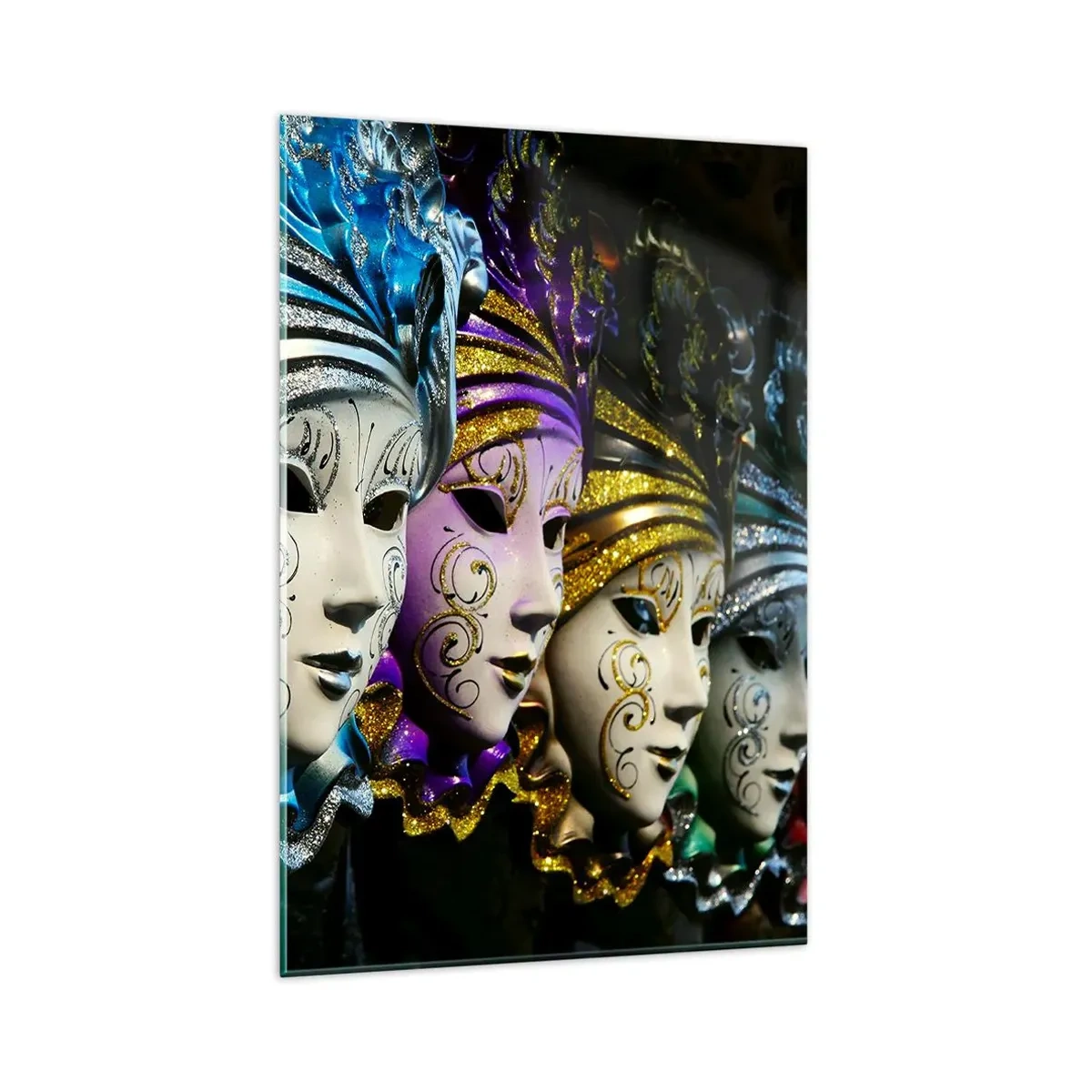 Glasbild - Bild auf glas - Venezianische Masken in verschiedenen Farben mit dekorativen Mustern - 80x120cm - Geheimnis in Gold und Silber - Moderne Wanddekoration für Wohnzimmer und Schlafzimmer ARTTOR