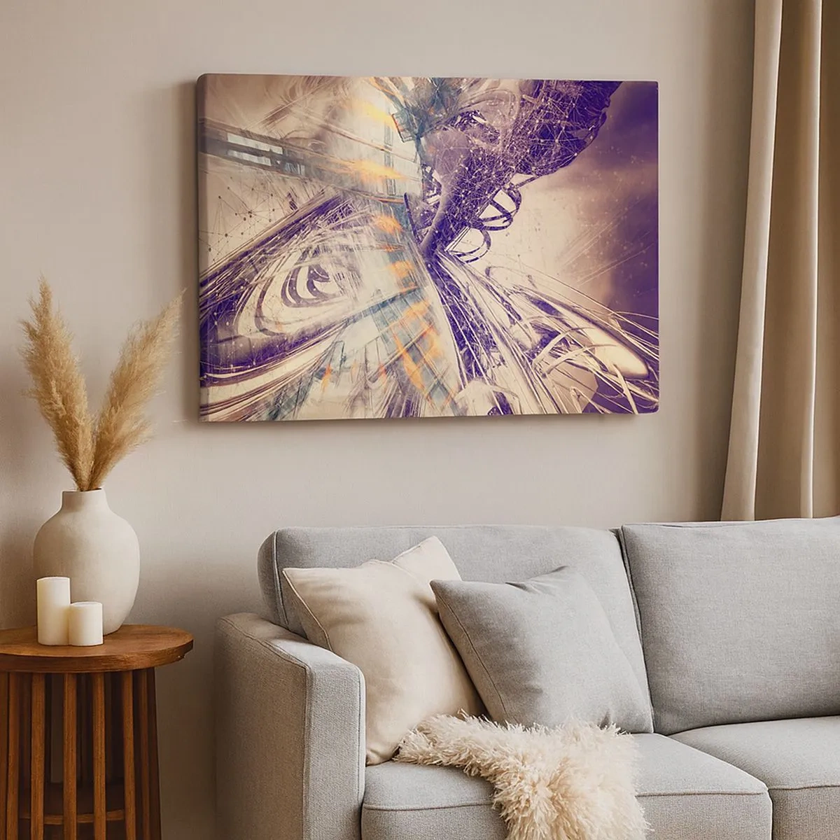 Bild auf Leinwand - Leinwandbild - Dynamische Abstraktion in Beige- und Lilatönen - 70x50cm - In großer Eile - Moderne Wanddekoration für Wohnzimmer und Schlafzimmer ARTTOR