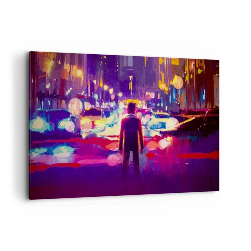 Bild auf Leinwand - Leinwandbild - Ein Mann in einer neonfarbenen Nachtszene einer Stadt - 120x80cm - Eingetaucht in das Licht - Moderne Wanddekoration für Wohnzimmer und Schlafzimmer ARTTOR