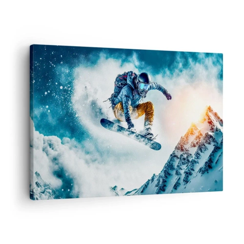 Bild auf Leinwand - Leinwandbild - Ein Snowboarder fliegt über schneebedeckte Berge - 70x50cm - Extreme Emotionen - Moderne Wanddekoration für Wohnzimmer und Schlafzimmer ARTTOR