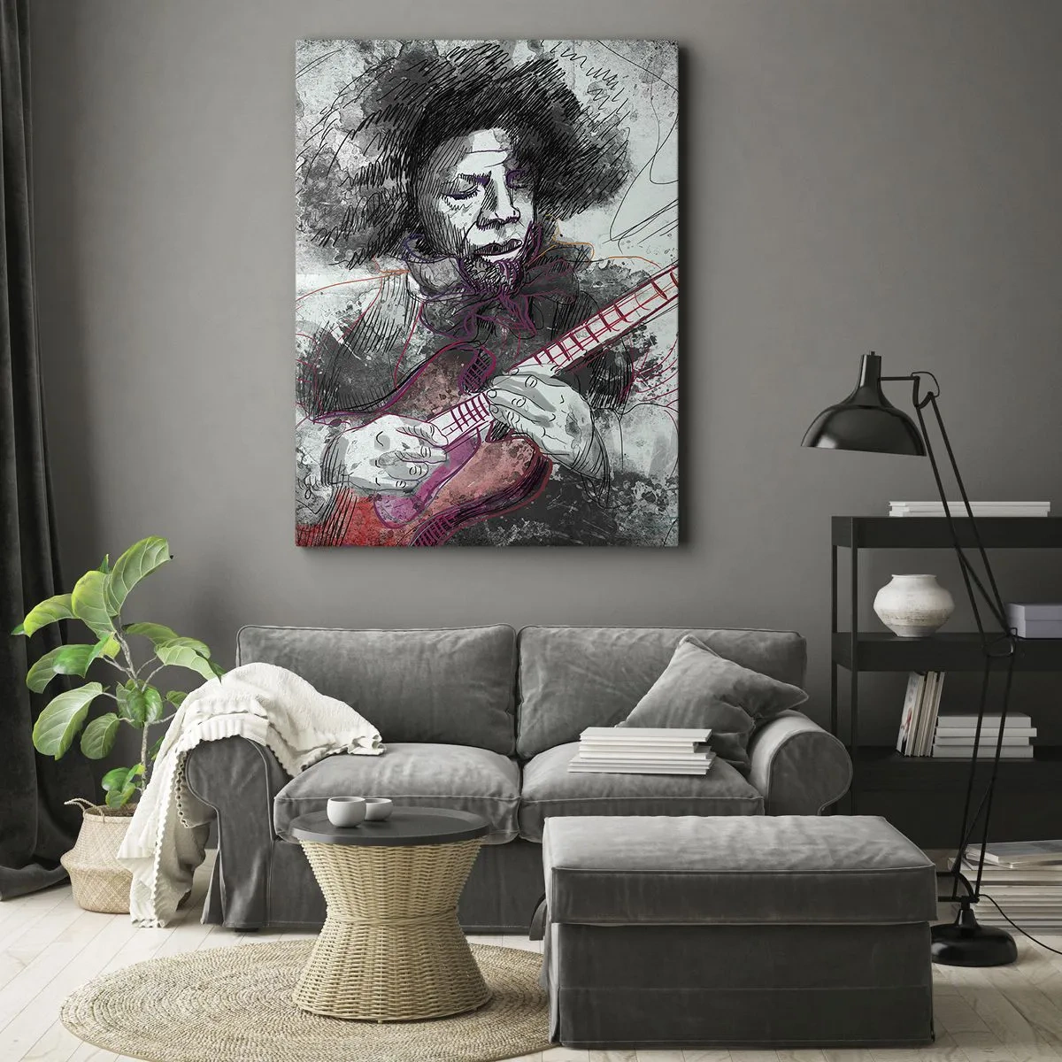 Bild auf Leinwand - Leinwandbild - Künstlerisches Portrait eines Gitarristen in der Skizzentechnik - 50x70cm - Auf den Wellen der Musik - Moderne Wanddekoration für Wohnzimmer und Schlafzimmer ARTTOR