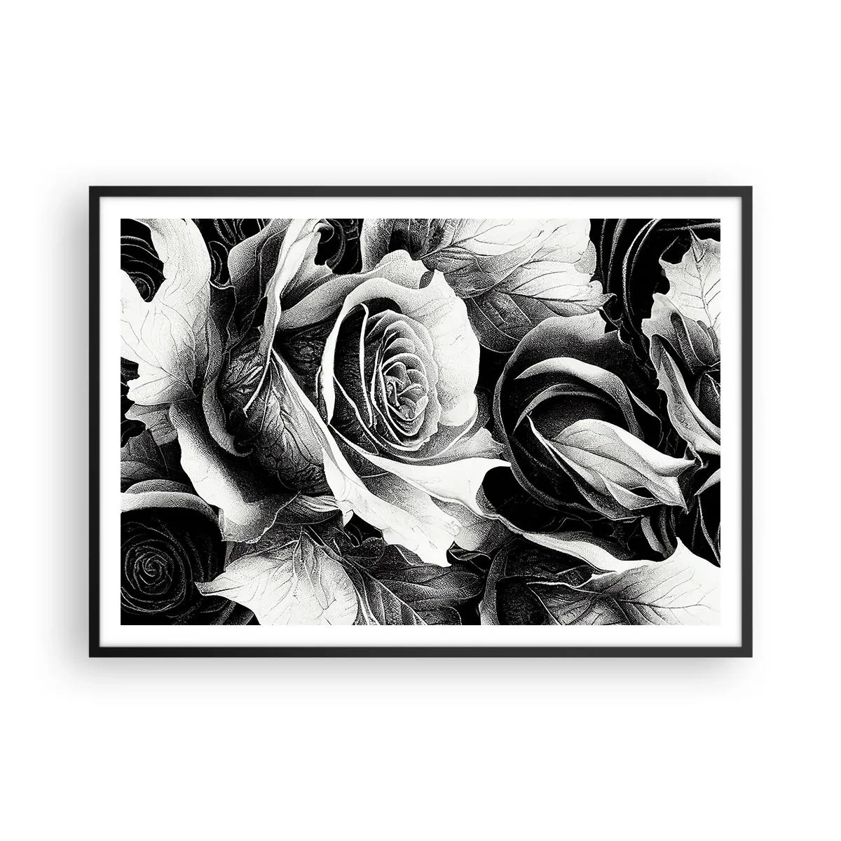Poster in einem schwarzem Rahmen - Schwarze und weiße Rosen in einer eleganten Komposition - 100x70cm - Immer Königin - Moderne Wanddekoration für Wohnzimmer und Schlafzimmer ARTTOR