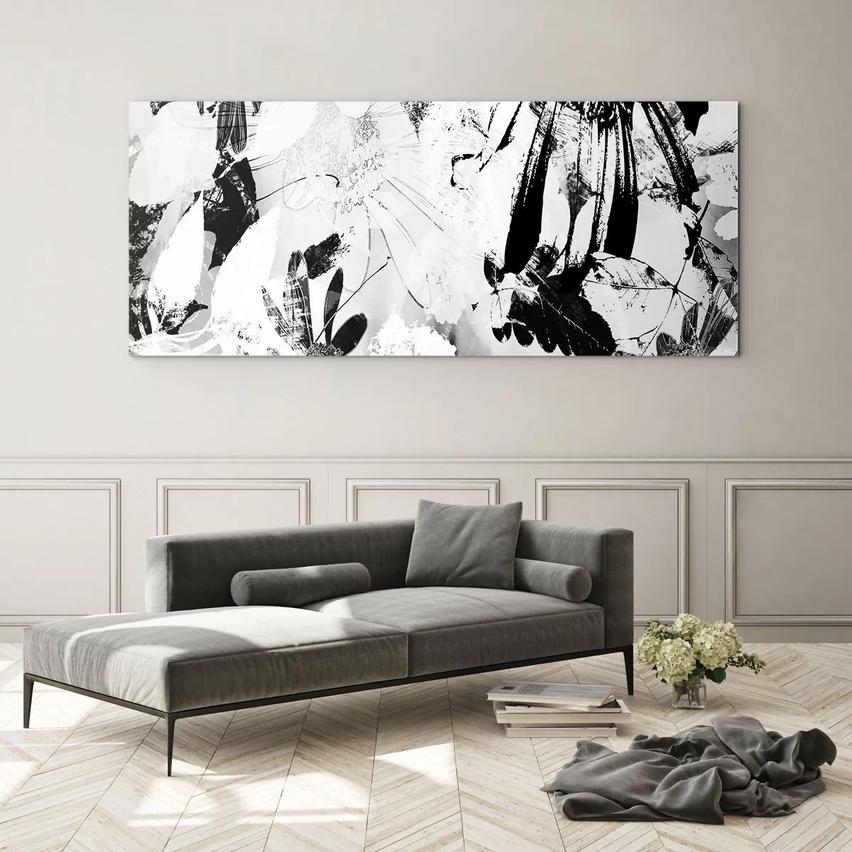 Glasbild - Bild auf glas - Schwarz-weiße abstrakte Blumen im minimalistischen Stil - 160x50cm - Herbst negativ - Moderne Wanddekoration für Wohnzimmer und Schlafzimmer ARTTOR