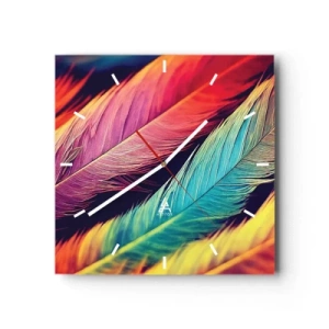 Wanduhr - Glasuhr - Bunte Federn in intensiven Farben - 30x30cm - Gefiederter Regenbogen - Moderne Wanddekoration für Wohnzimmer und Schlafzimmer ARTTOR