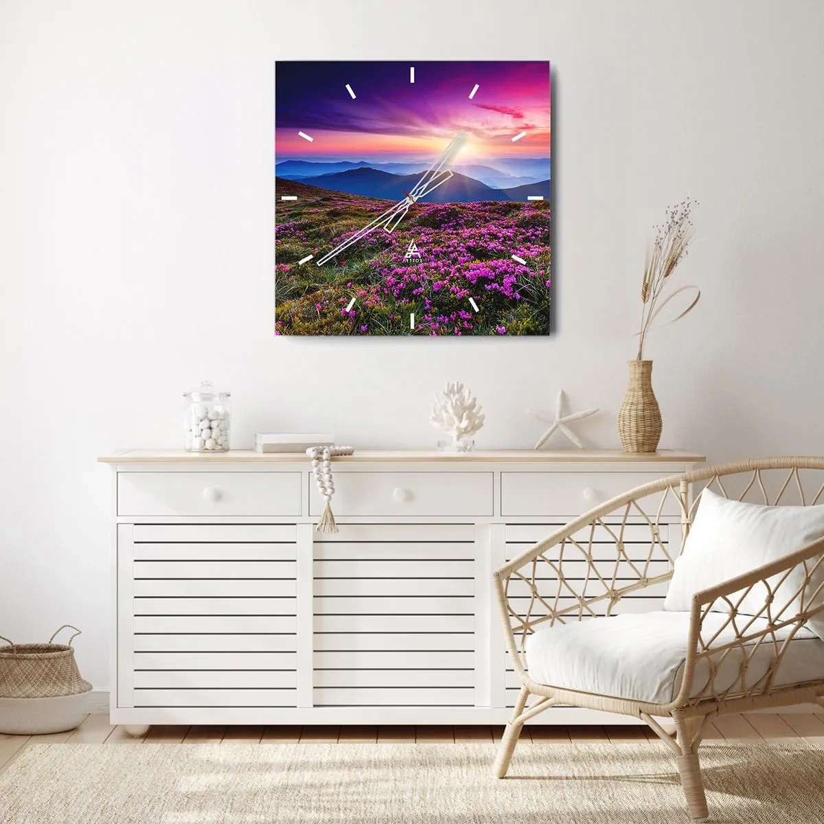 Wanduhr - Glasuhr - Bergwiese mit Blumen bei Sonnenuntergang - 30x30cm - Kräuter dufteten nach frischen Trauben von den Feldern - Moderne Wanddekoration für Wohnzimmer und Schlafzimmer ARTTOR