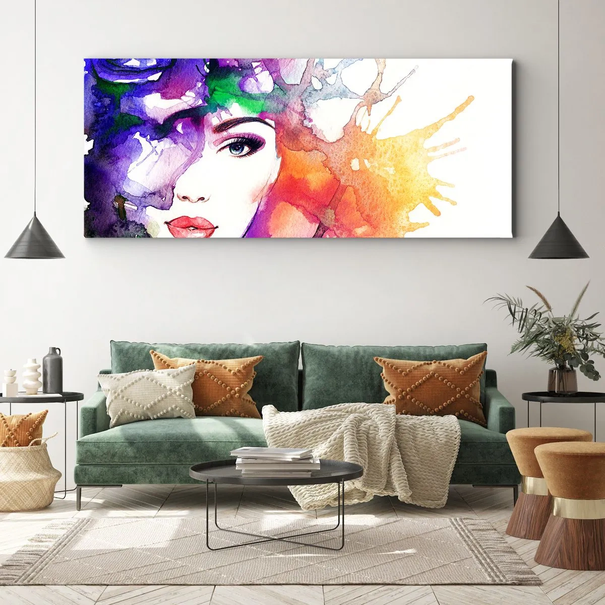 Bild auf Leinwand - Leinwandbild - Porträt einer Frau in Aquarellfarben mit abstrakten Flecken - 160x50cm - Mit dem Kopf in den Wolken - Moderne Wanddekoration für Wohnzimmer und Schlafzimmer ARTTOR