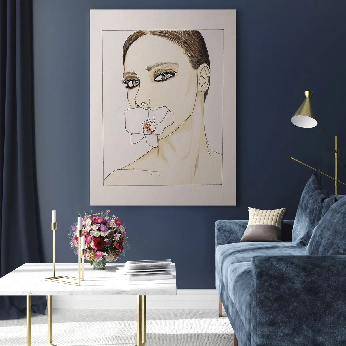 Glasbild - Bild auf glas - Porträt einer Frau mit einer Orchidee in zarten Farben - 80x120cm - Ein Symbol für Eleganz und Schönheit - Moderne Wanddekoration für Wohnzimmer und Schlafzimmer ARTTOR