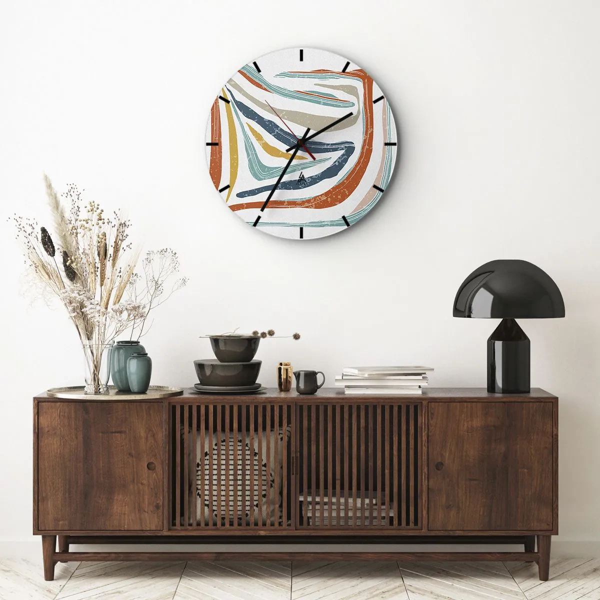 Wanduhr - Glasuhr - Bunte, dynamische Wellen und Linien erzeugen ein fröhliches abstraktes Muster. - 30x30cm - Abstraktion mit einem freundlichen Lächeln - Moderne Wanddekoration für Wohnzimmer, Küche und Schlafzimmer ARTTOR