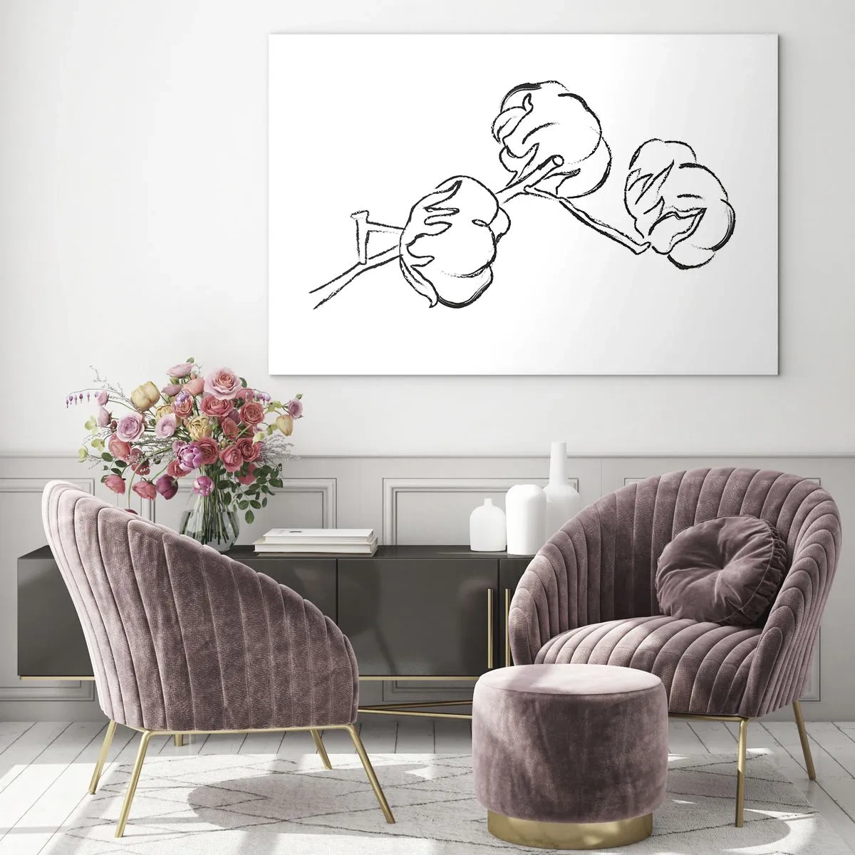 Glasbild - Bild auf glas - Eine minimalistische Skizze eines Baumwollzweigs in schwarzen Linien. - 70x50cm - Baumwolldaunen - Moderne Wanddekoration für Wohnzimmer und Schlafzimmer ARTTOR