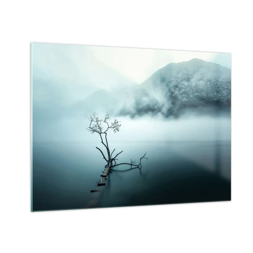 Glasbild - Bild auf glas - Ein einsamer Baum vor der Kulisse der Berge, die in Nebel gehüllt sind, über dem Wasser - 70x50cm - Aus Wasser und Nebel - Moderne Wanddekoration für Wohnzimmer und Schlafzimmer ARTTOR