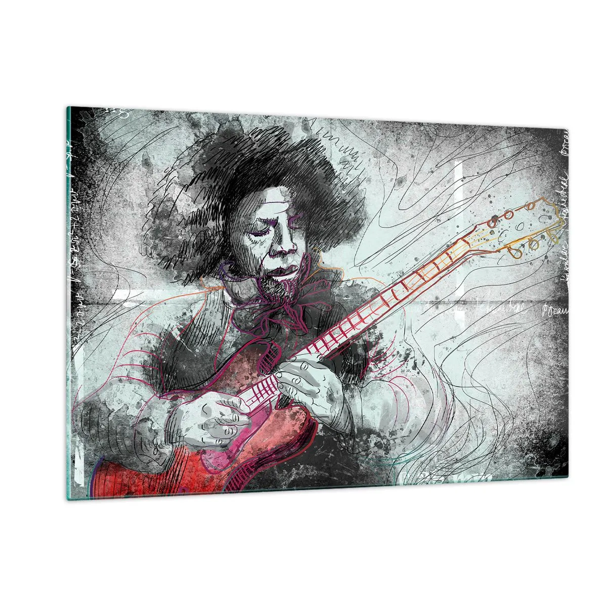 Glasbild - Bild auf glas - Künstlerisches Portrait eines Musikers mit E-Gitarre - 120x80cm - Auf den Wellen der Musik - Moderne Wanddekoration für Wohnzimmer und Schlafzimmer ARTTOR
