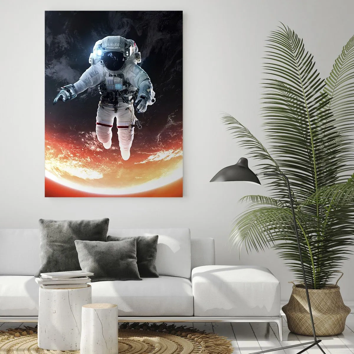 Glasbild - Bild auf glas - Ein Astronaut schwebt über einer sonnenbeschienenen Erde - 70x100cm - Kann ich noch eine Weile bleiben? - Moderne Wanddekoration für Wohnzimmer und Schlafzimmer ARTTOR
